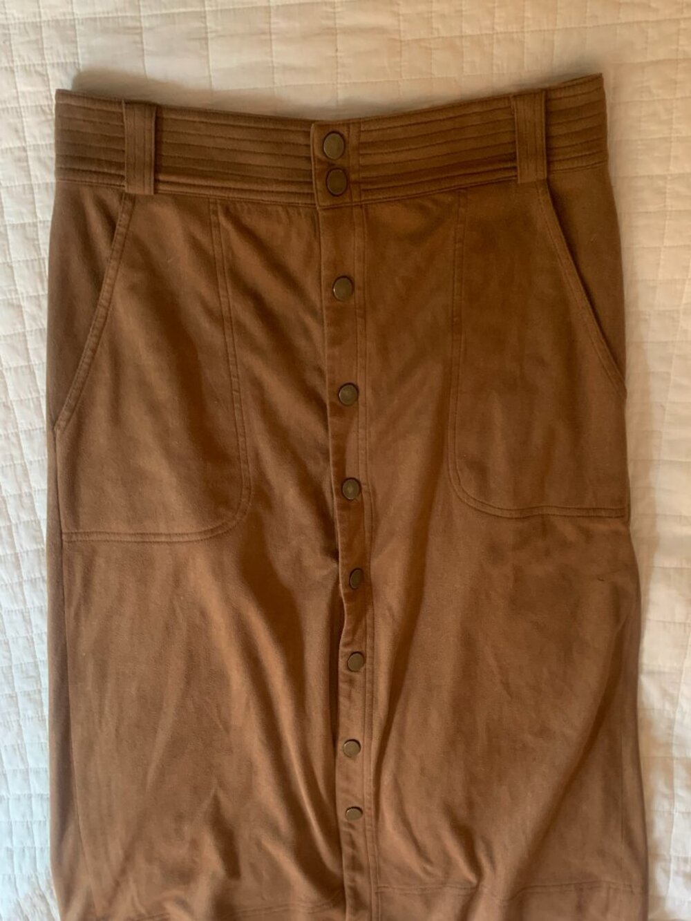 Margaret O'Leary Camel Faux Suede Snap Front Midi Skirt M